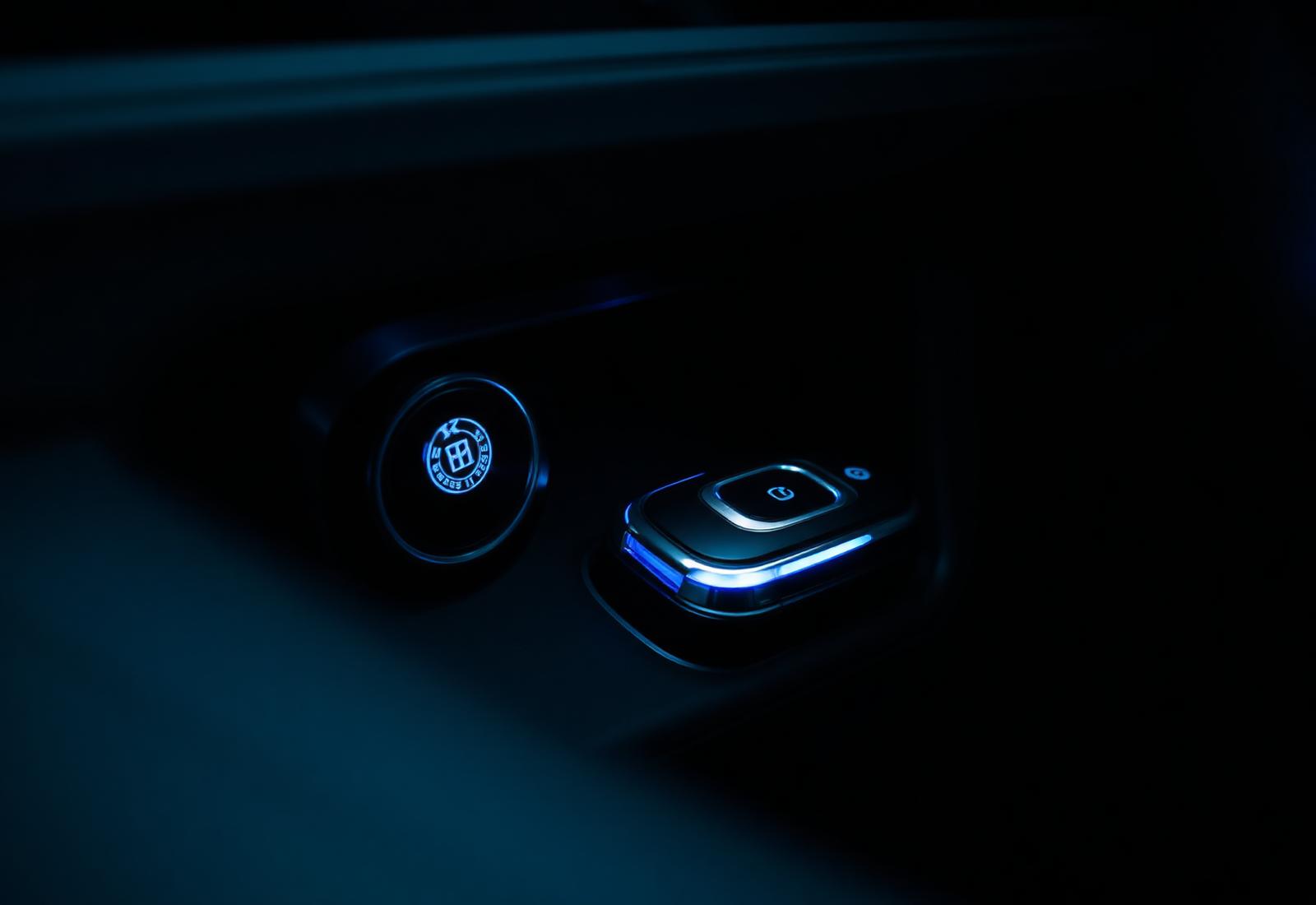 Luxury car ignition and key fob with blue glow