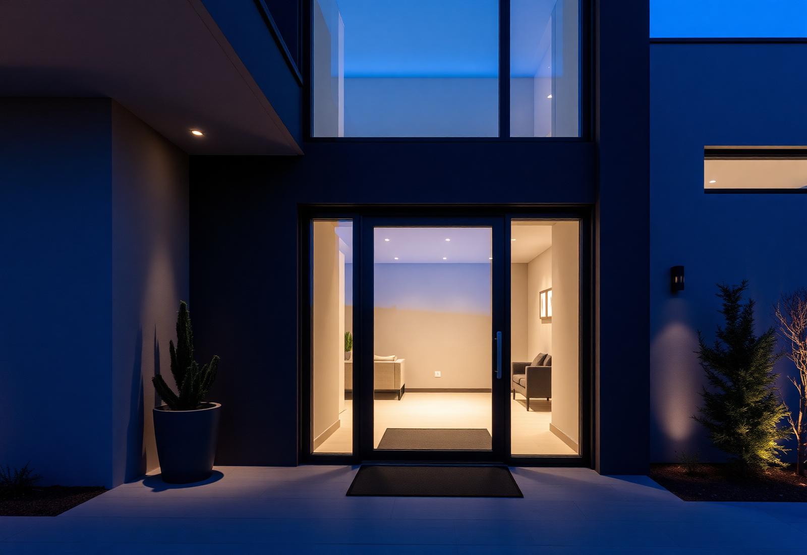 Modern home with premium smart lock at twilight